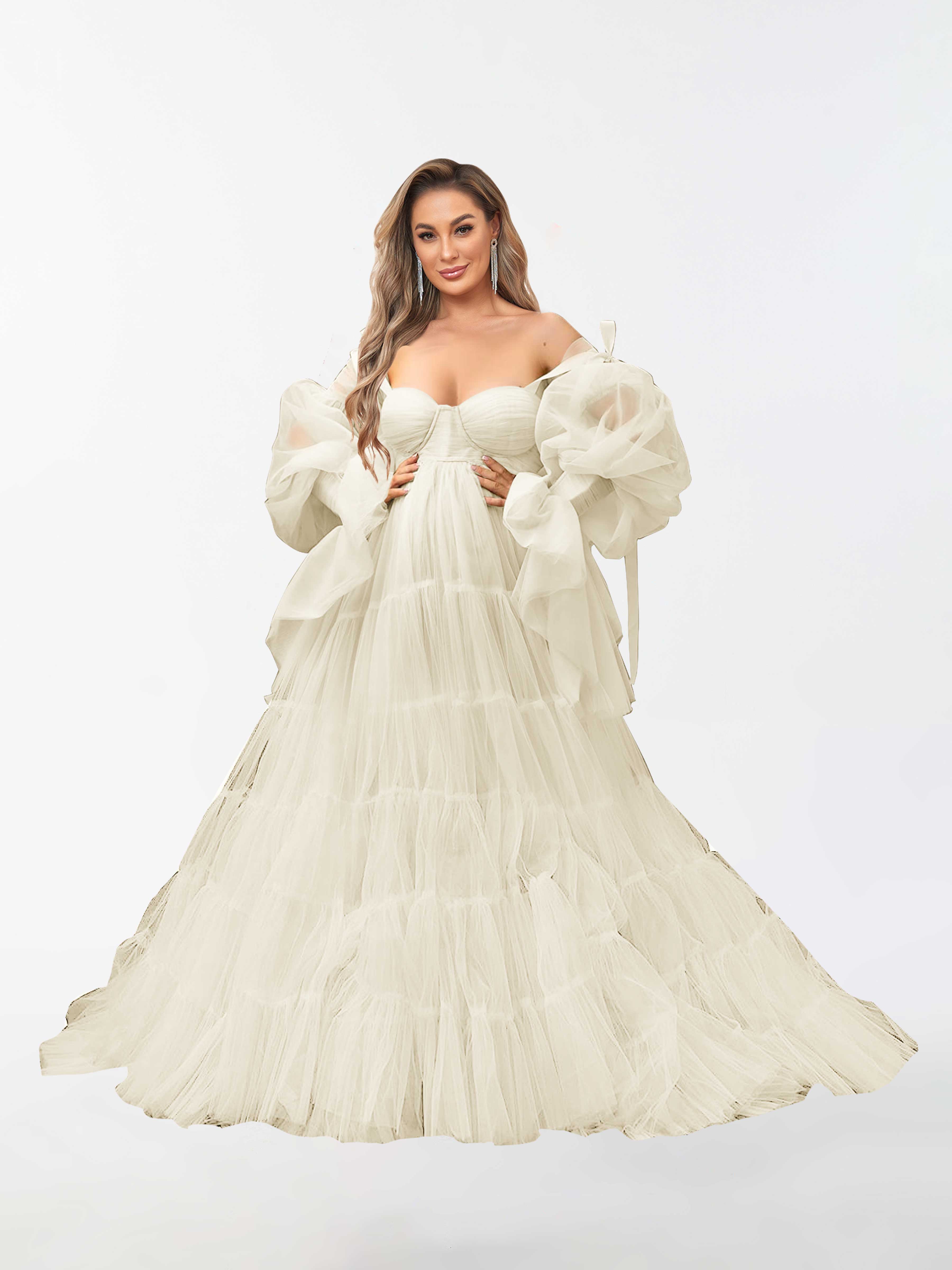 Rowan Fluffy A-Line Tulle Robe Sheer Long Sleeves Maternity Dress for Photography