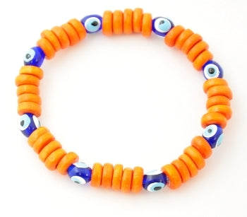 Wooden Beaded Evil Eye Bracelet - Orange - 1 pc