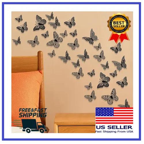 24 Pcs 3D Butterfly Wall Sticker Decal Removable Home Decor for Bedroom & Mirror