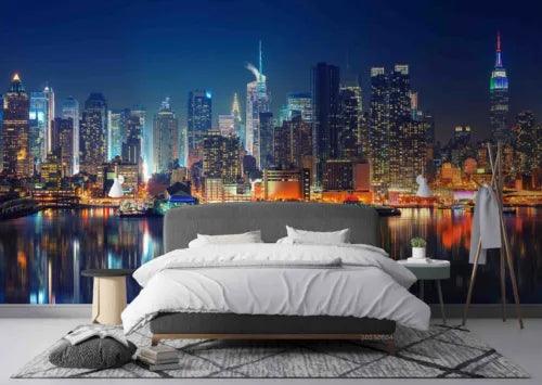3D Night River Mansion Blue Self-adhesive Removeable Wallpaper Wall Mural1 1928