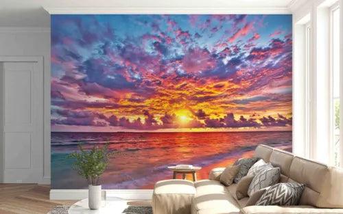 3D Sandbeach Sea Sunrise Cloud Self-adhesive Removeable Wallpaper Wall Mural1