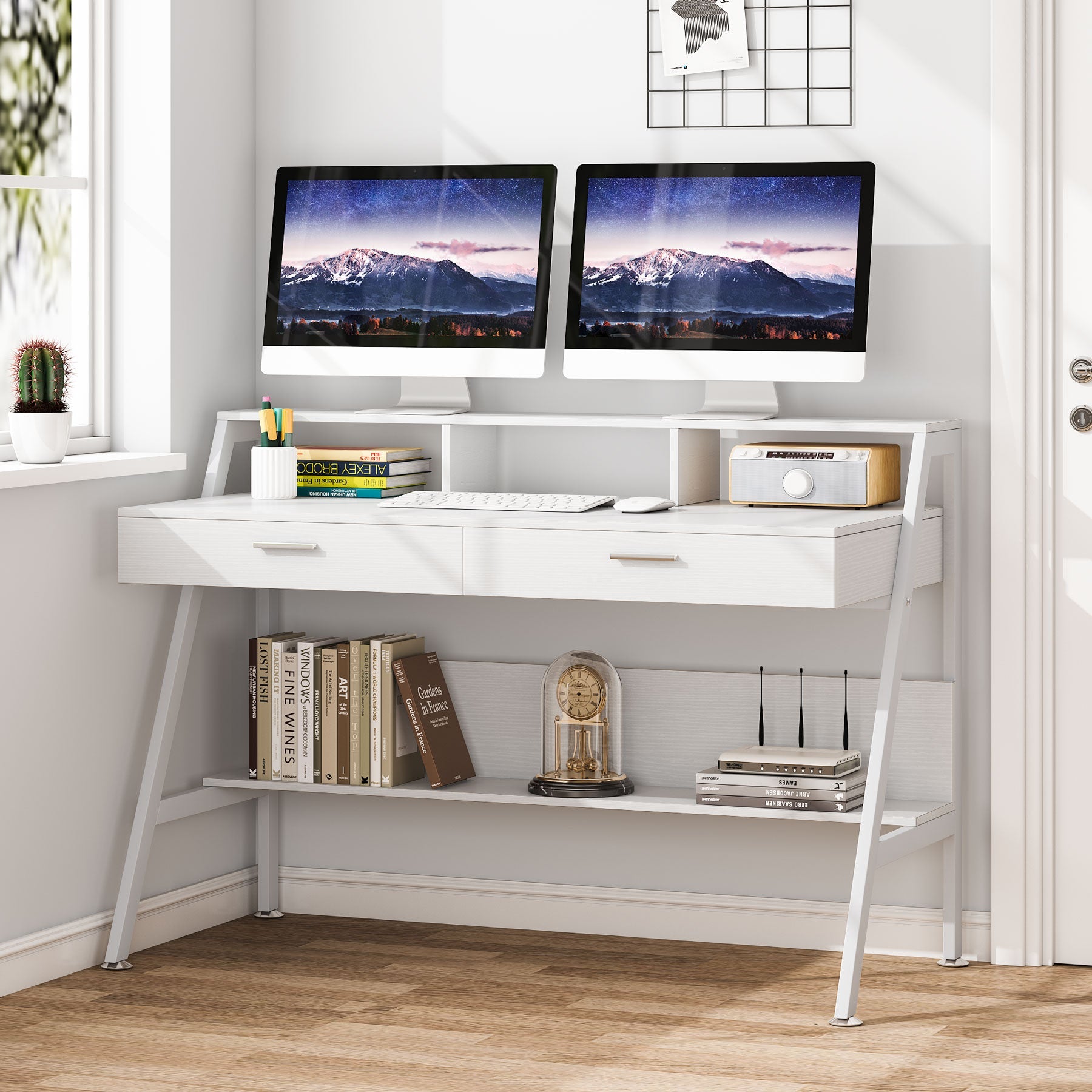 Tribesigns - Computer Desk, 47-Inch Writing Desk with Storage Shelf & Drawers, White