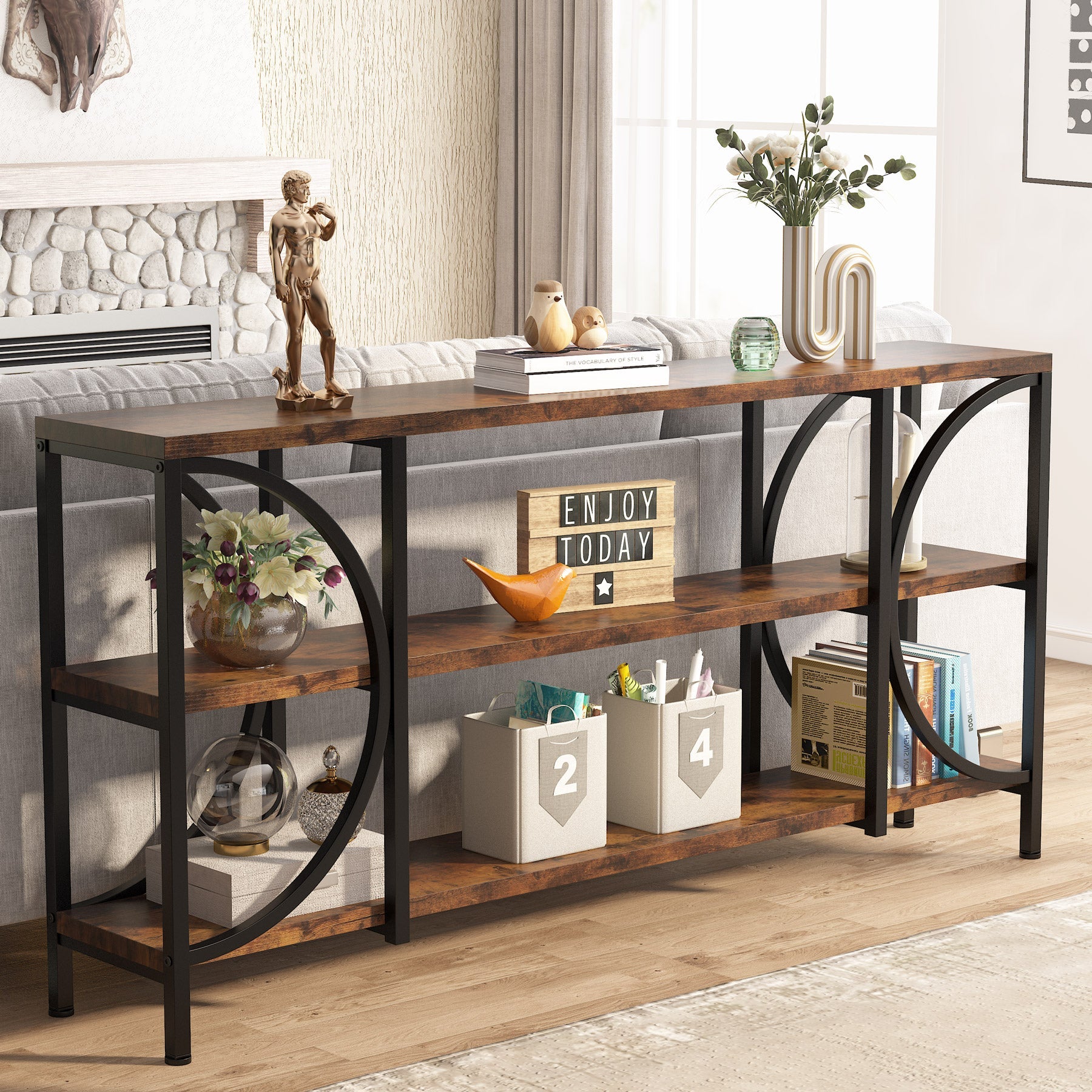 Tribesigns - Console Table, 70.86-Inch Sofa Entryway Table with 3 Tier Storage Shelves, Rustic Brown