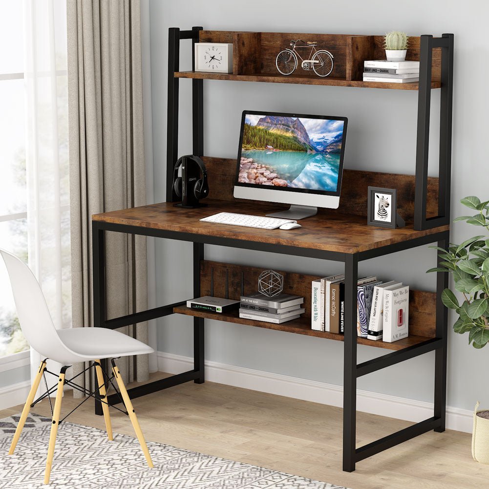 Tribesigns - Computer Desk, Home Office Desk Study Desk with Hutch and Shelves, Brown