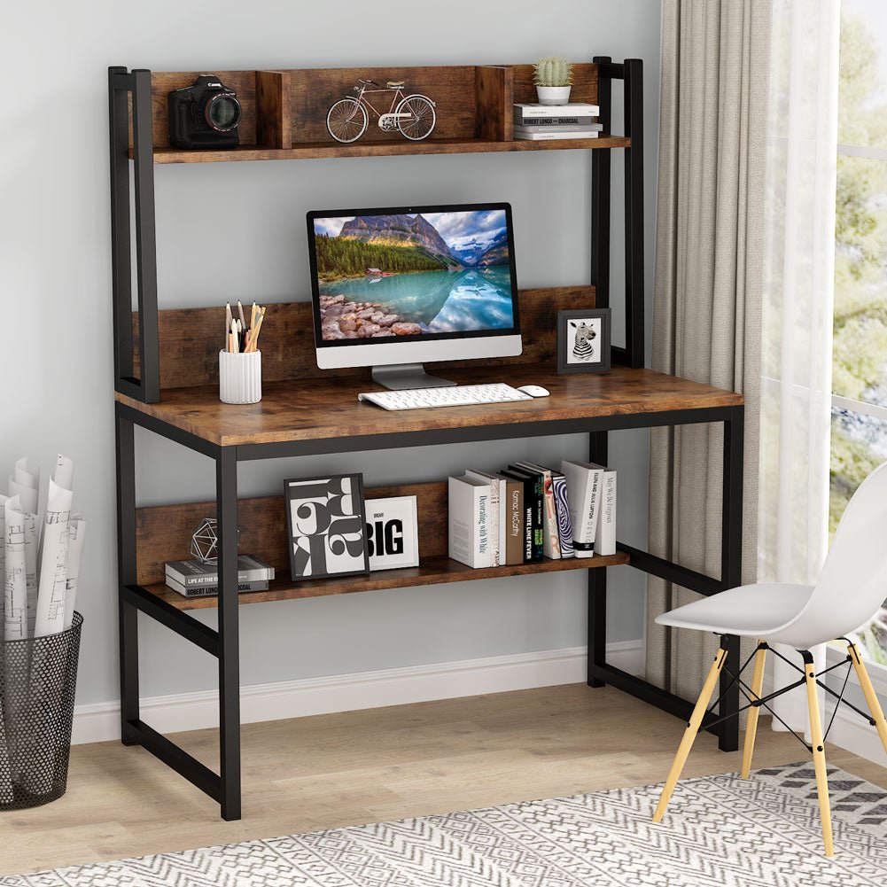 Tribesigns - Computer Desk, Home Office Desk Study Desk with Hutch and Shelves, Brown