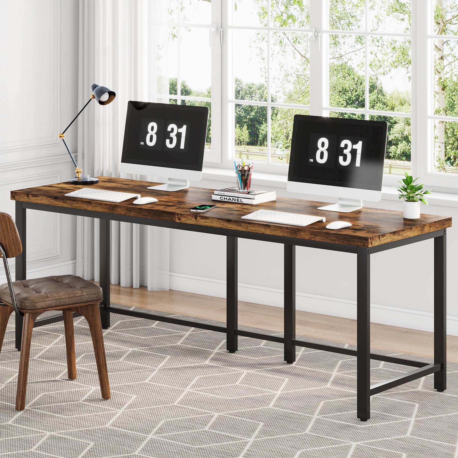 Tribesigns - Two Person Desk, 2 Person Desk, 78.7-Inch Double Computer Desk Study Writing Table, Brown & Black