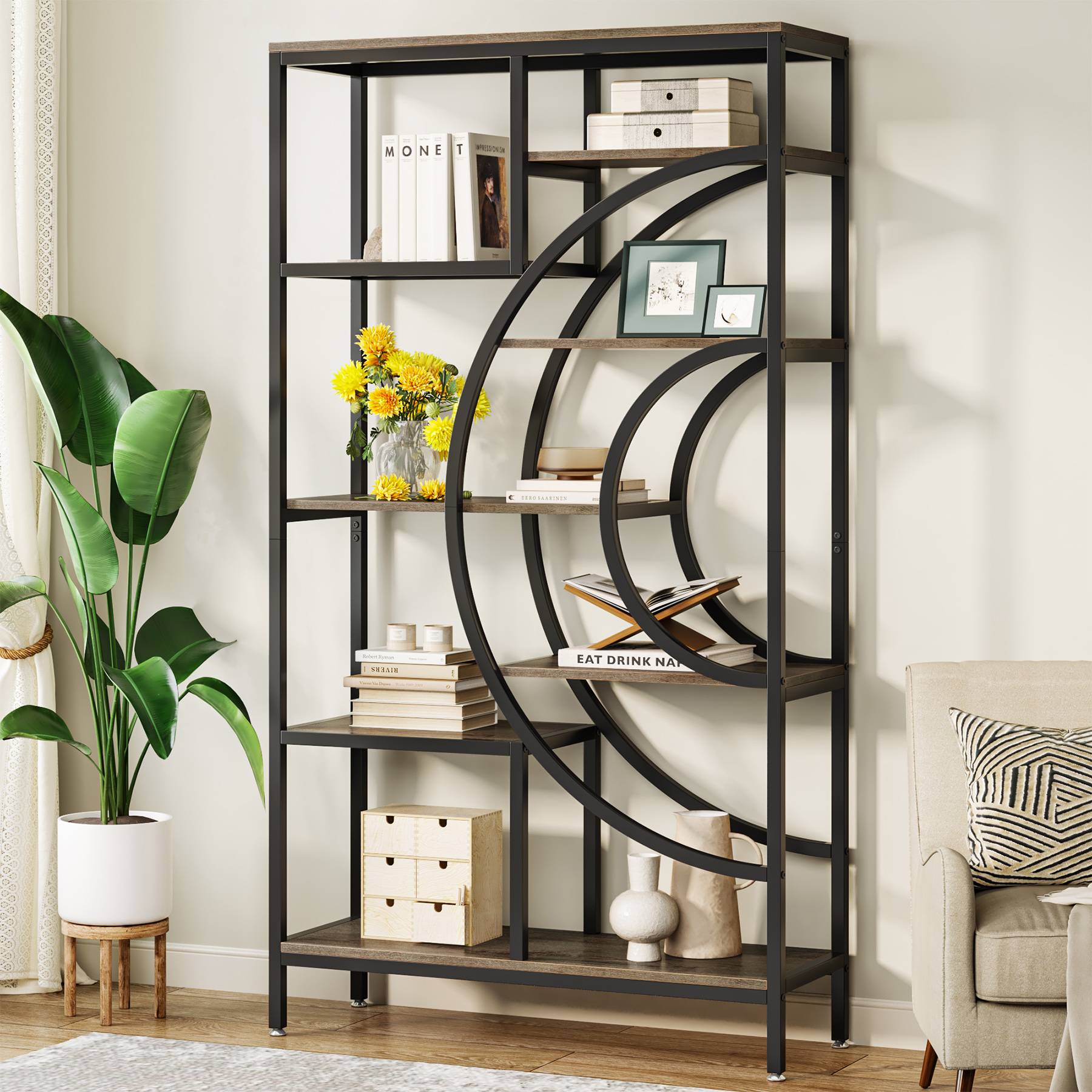 Tribesigns - Bookshelf, 71-Inch Geometric Bookcase, Industrial 8-Tiers Etagere Shelving Unit