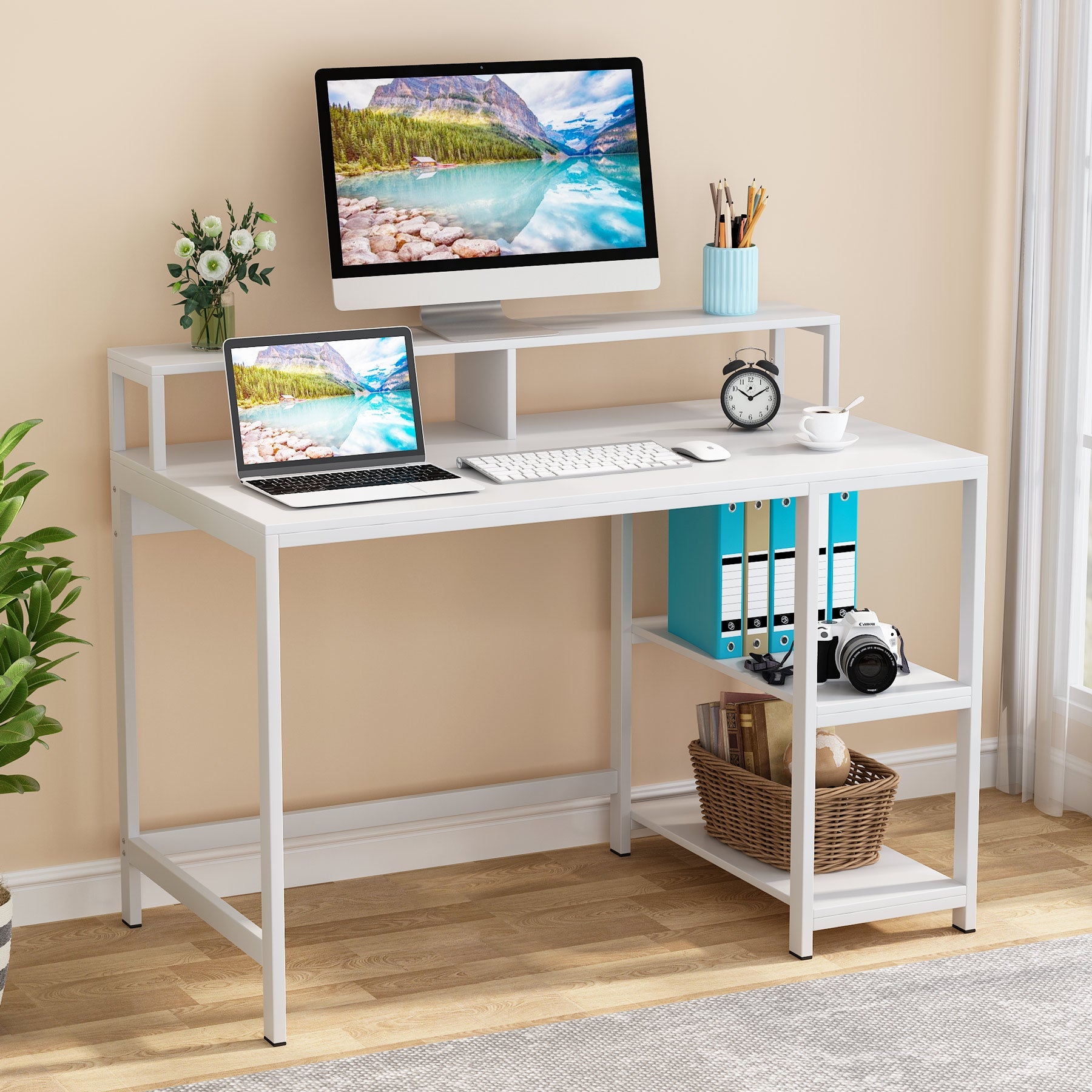 Tribesigns - Computer Desk, Industrial Writing Desk with Shelves for Study, White