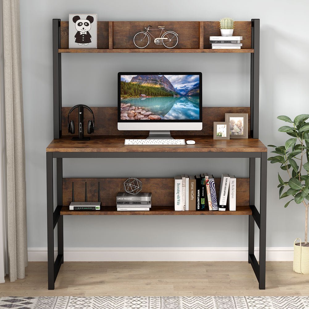 Tribesigns - Computer Desk, Home Office Desk Study Desk with Hutch and Shelves, Brown