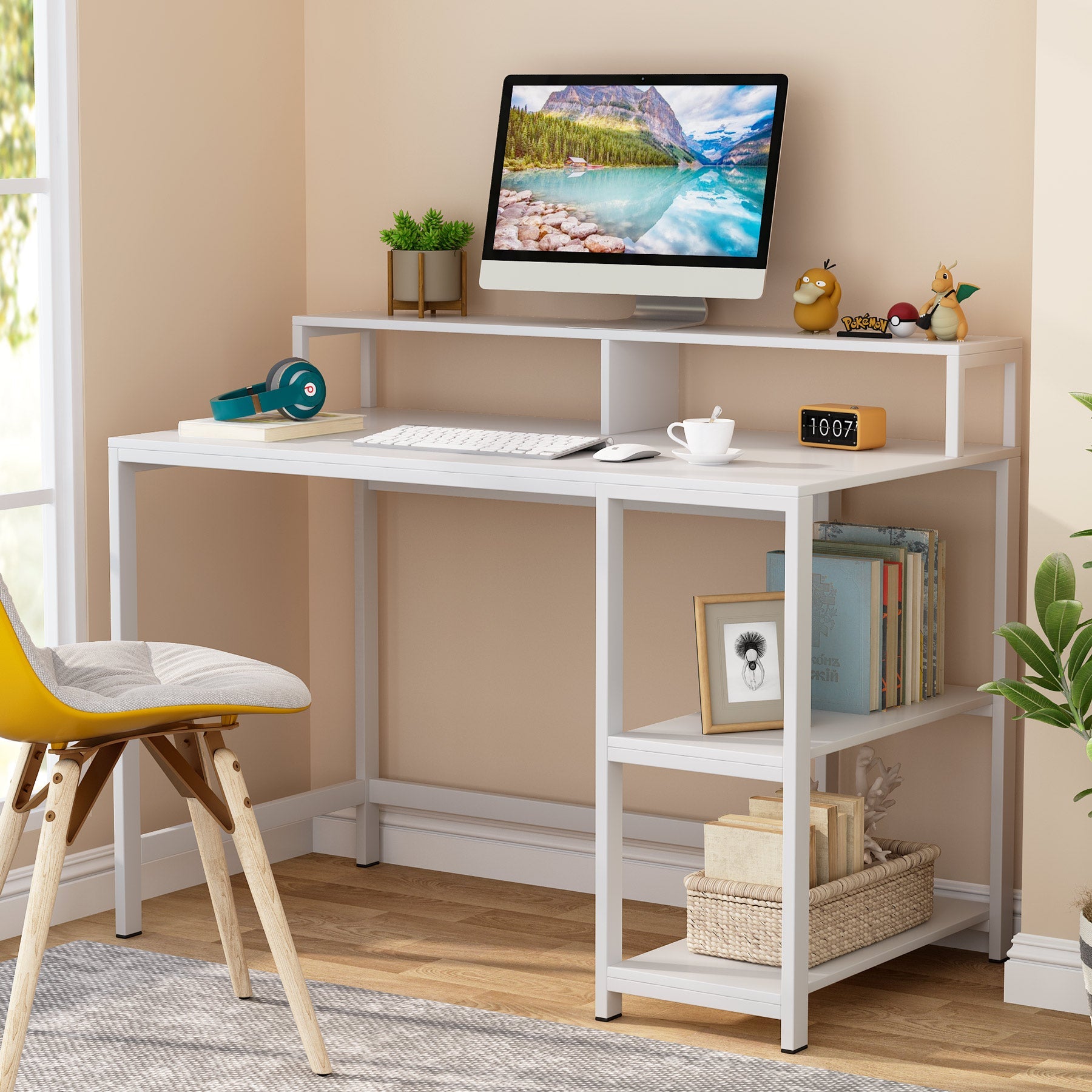 Tribesigns - Computer Desk, Industrial Writing Desk with Shelves for Study, White