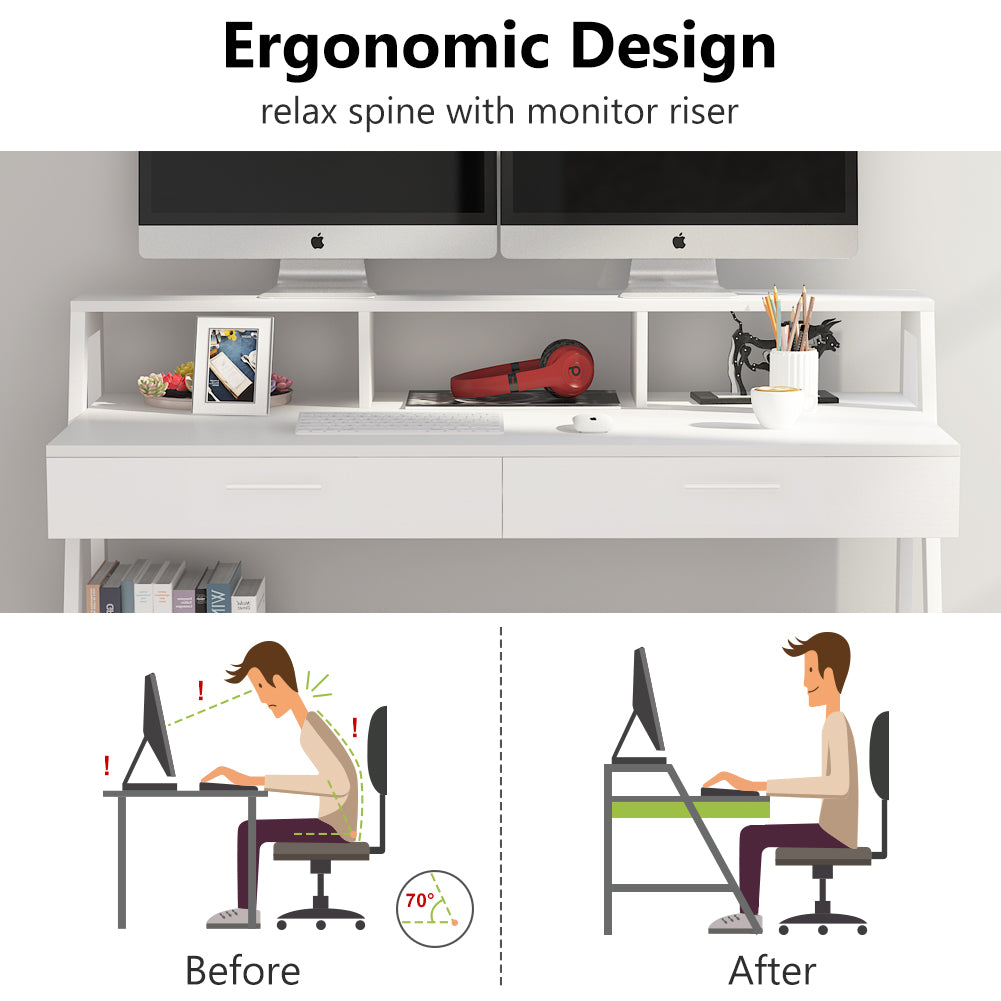 Tribesigns - Computer Desk, 47-Inch Writing Desk with Storage Shelf & Drawers, White