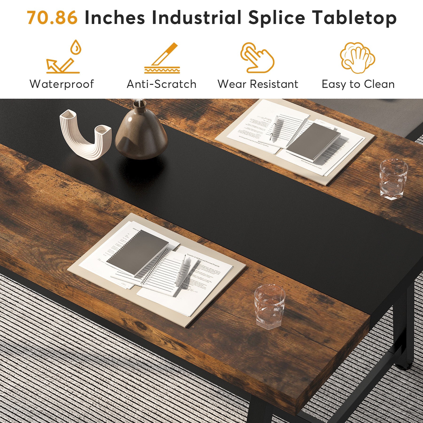 Tribesigns - 6FT Conference Table, 70.8-Inch, Executive Desk Office Computer Meeting Table, Rustic Brown & Black