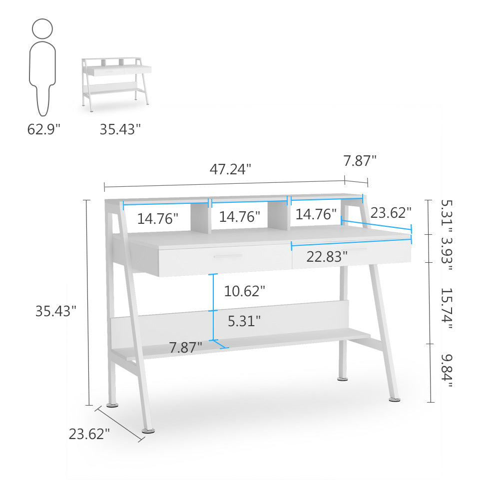 Tribesigns - Computer Desk, 47-Inch Writing Desk with Storage Shelf & Drawers, White