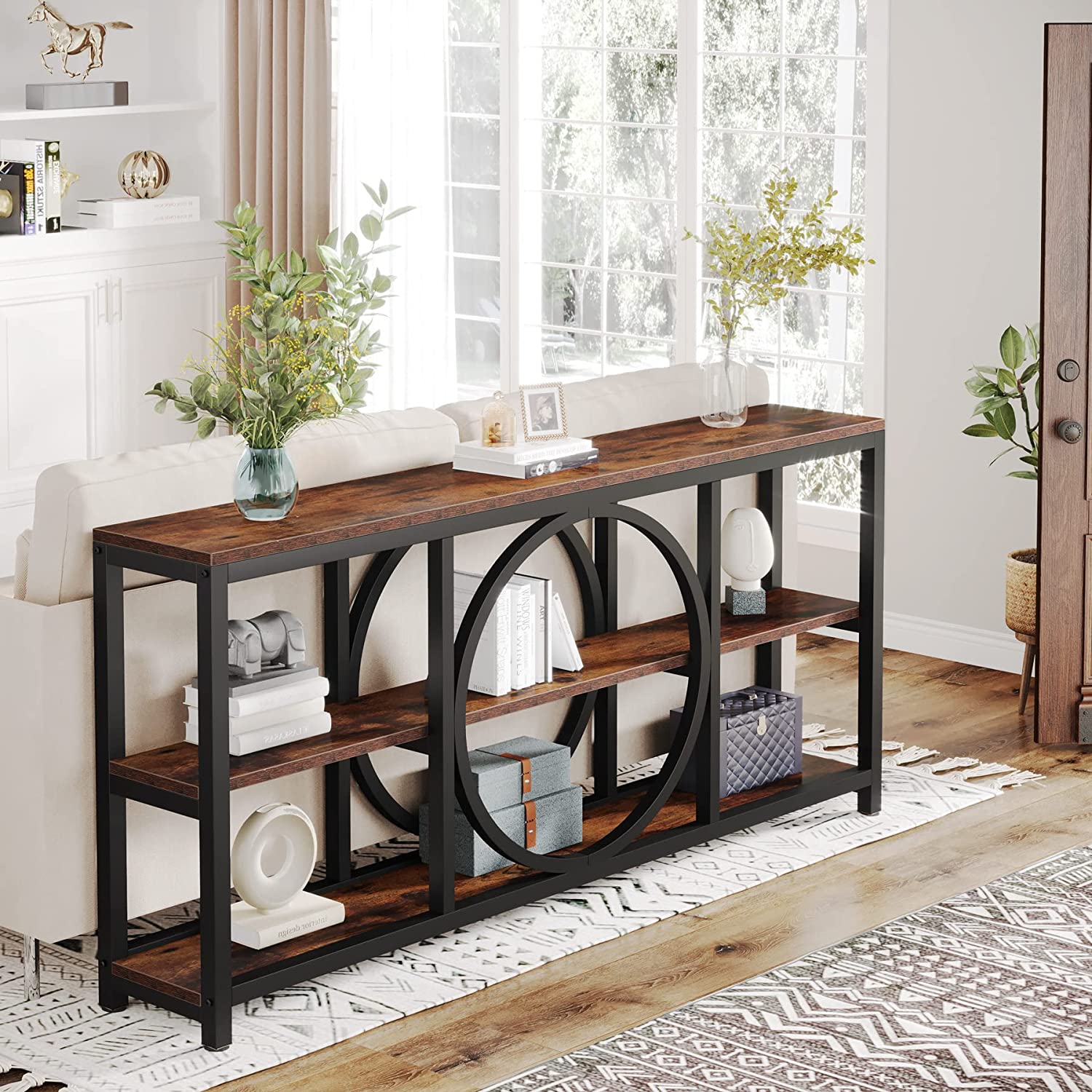Tribesigns - Console Table 70,9-Inch, Narrow Sofa Table with 3 Tier Storage Shelves, Rustic Brown & Black