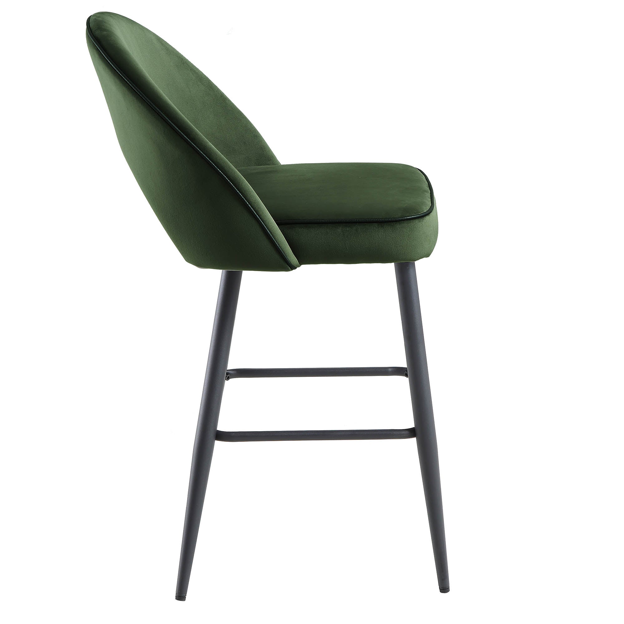 Oakley Set of 2 Dark Green Velvet Upholstered Counter Stools with Contrast Piping