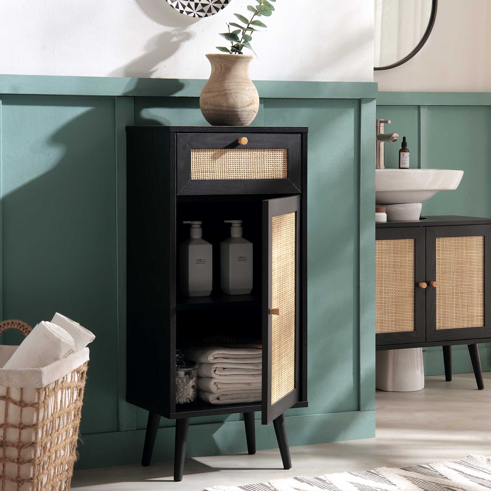 Frances Woven Rattan 1-Door Bathroom Cabinet, Black