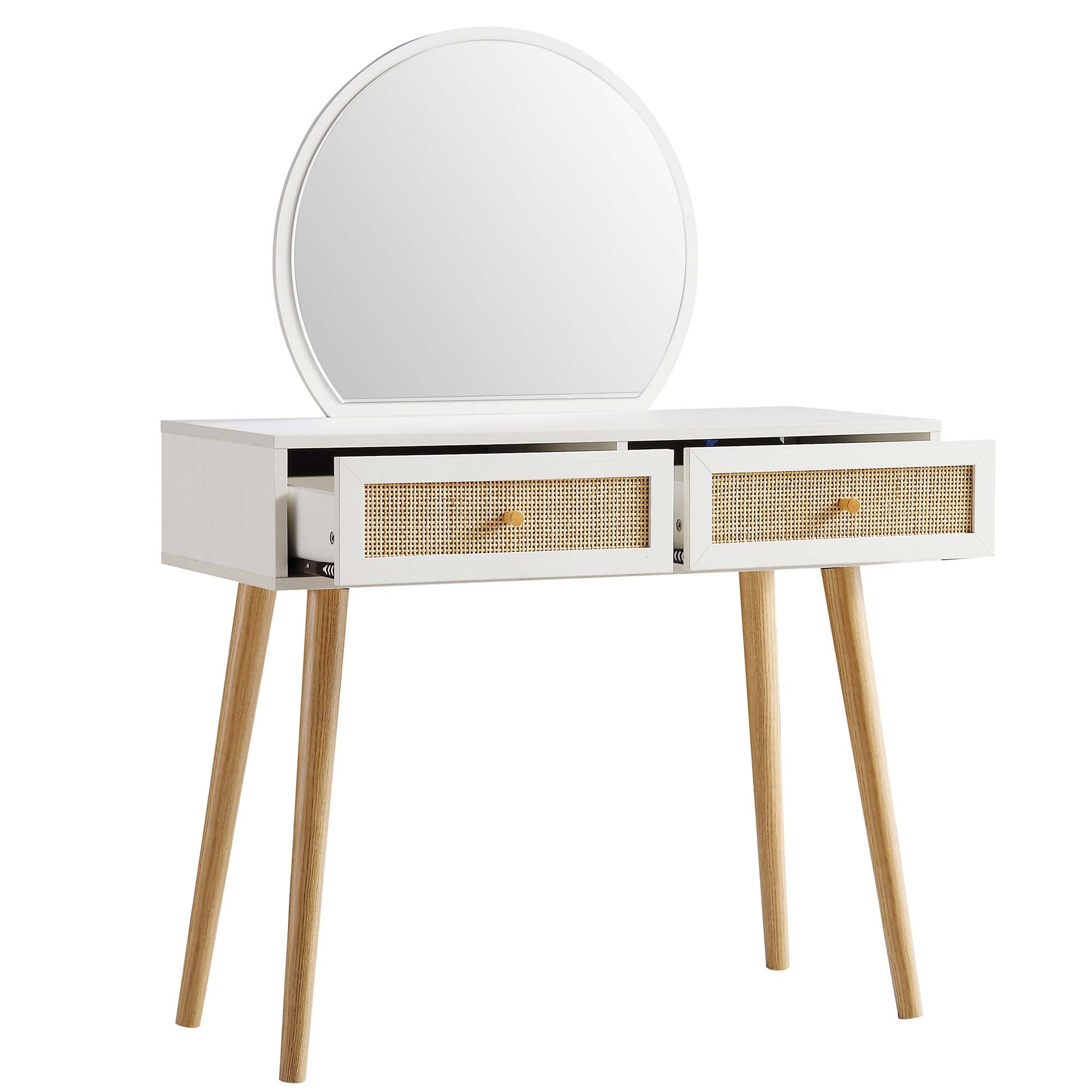 Frances Woven Rattan Vanity Table with Mirror, White