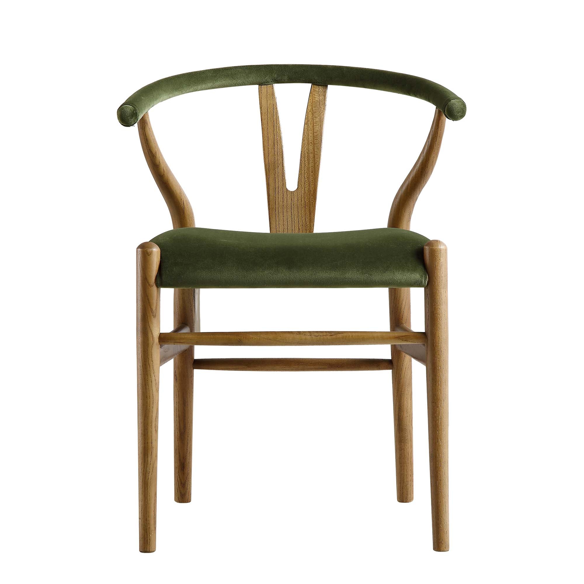 Hansel Wishbone Padded Dining Chair, Moss Green Velvet and Light Walnut Frame