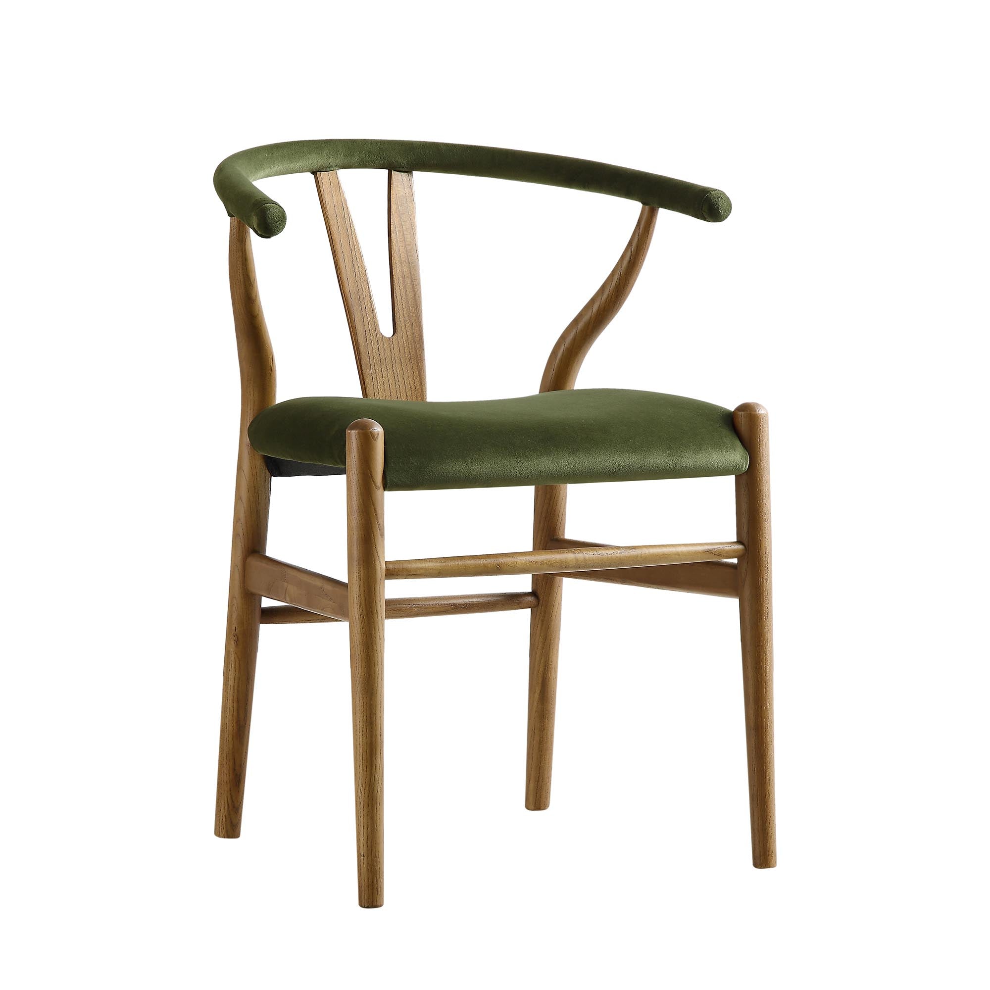 Hansel Wishbone Padded Dining Chair, Moss Green Velvet and Light Walnut Frame