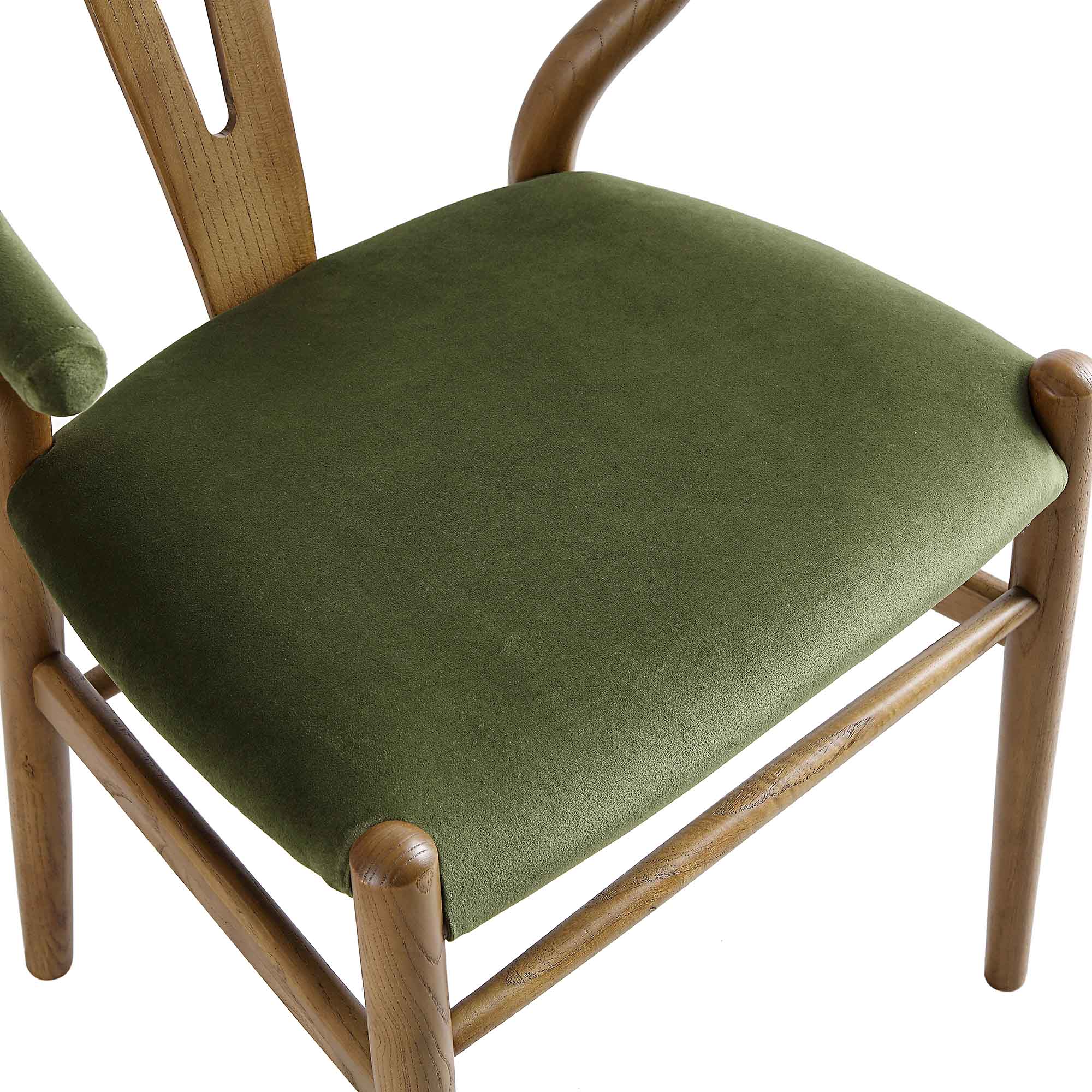 Hansel Wishbone Padded Dining Chair, Moss Green Velvet and Light Walnut Frame