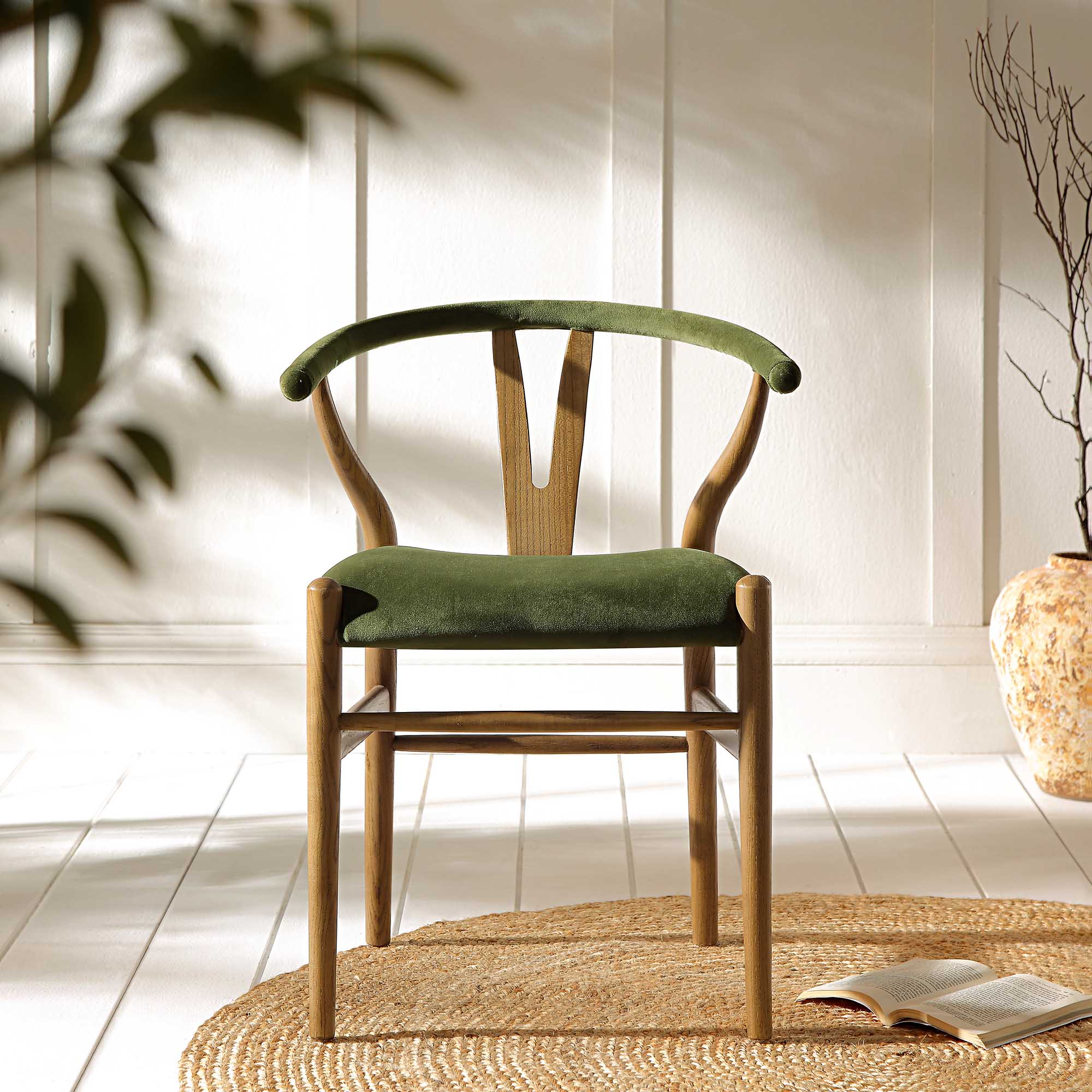 Hansel Wishbone Padded Dining Chair, Moss Green Velvet and Light Walnut Frame