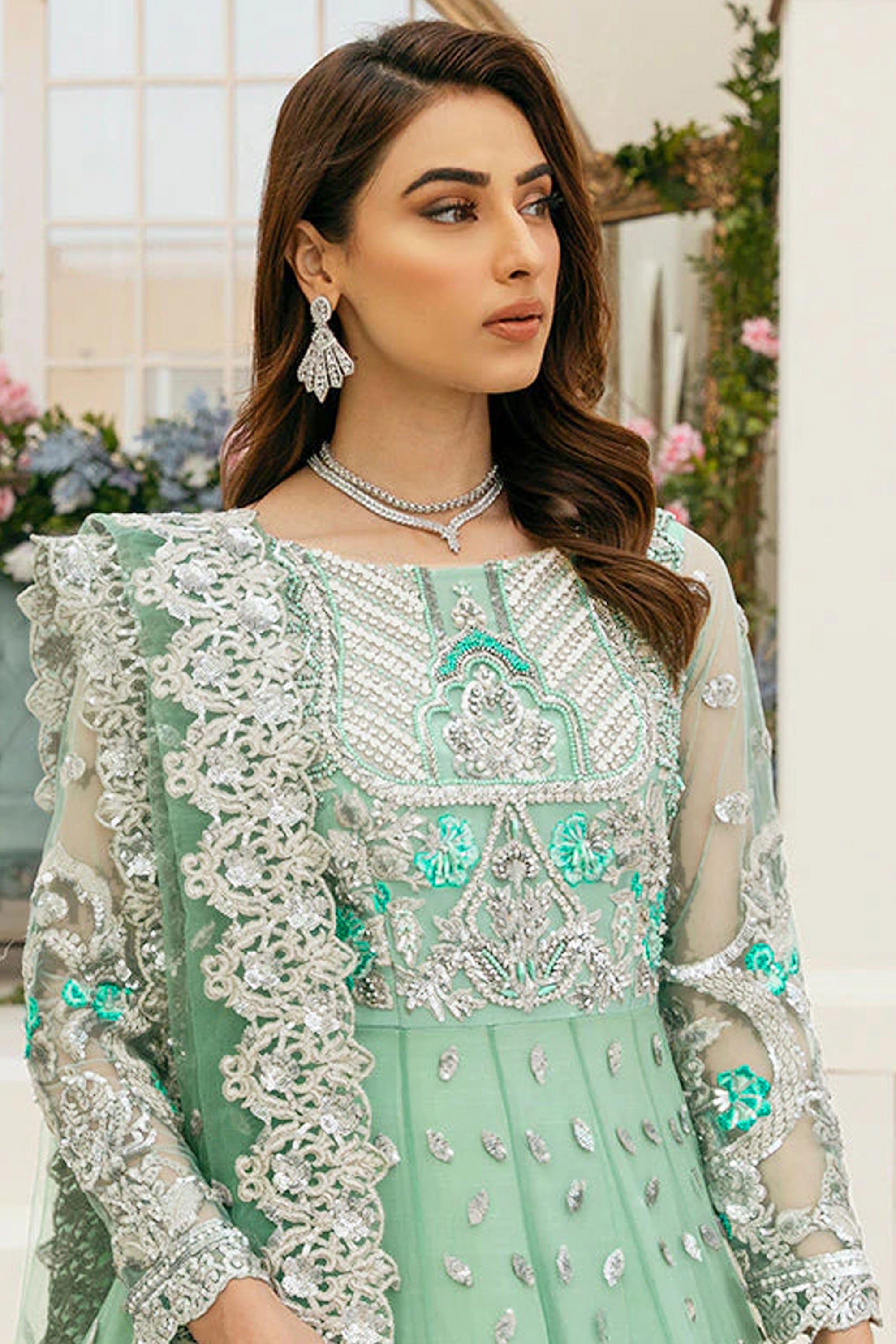 Sea Green Color Festive Wear Sequins Work Pakistani Replica Suit In Net Fabric