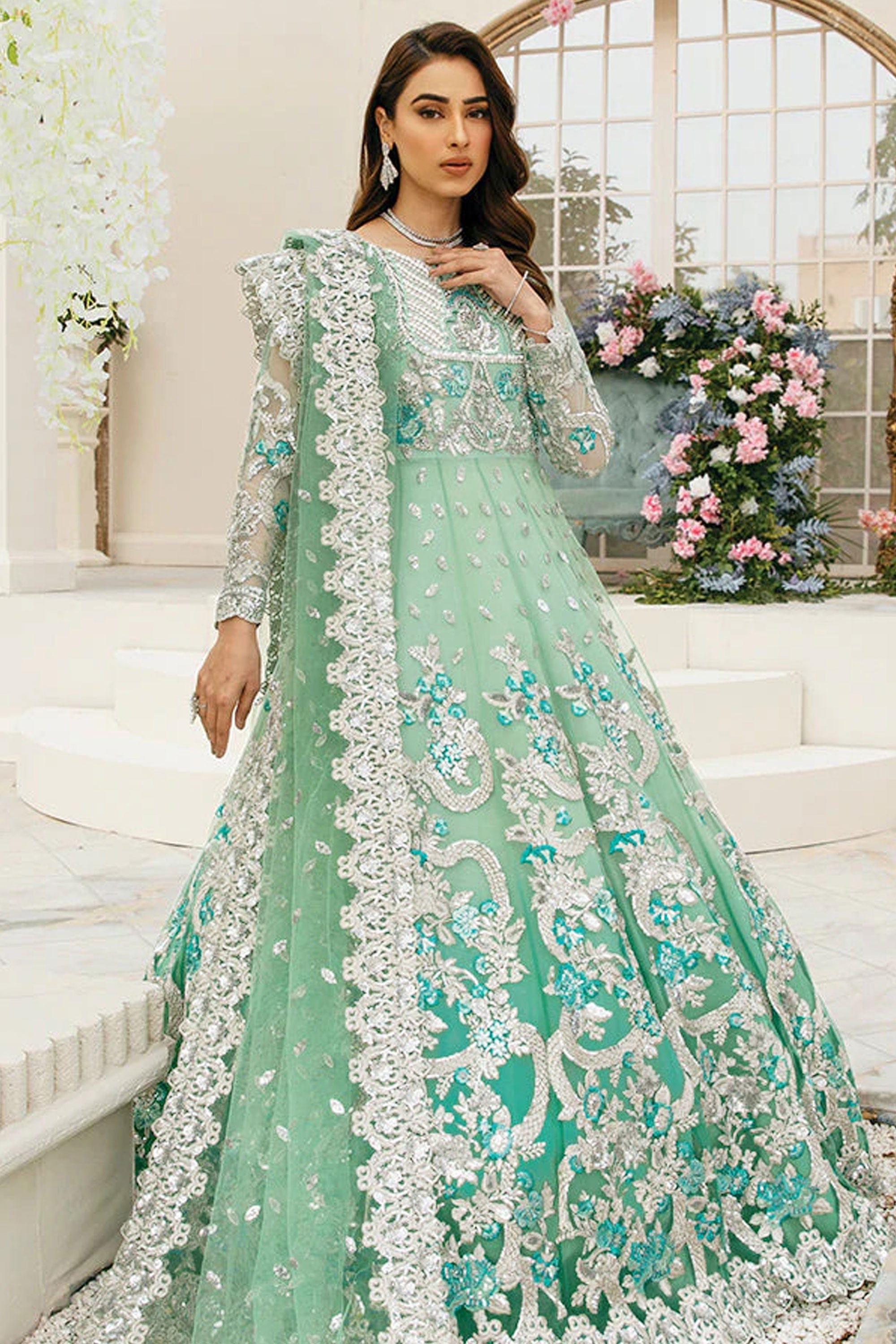 Sea Green Color Festive Wear Sequins Work Pakistani Replica Suit In Net Fabric