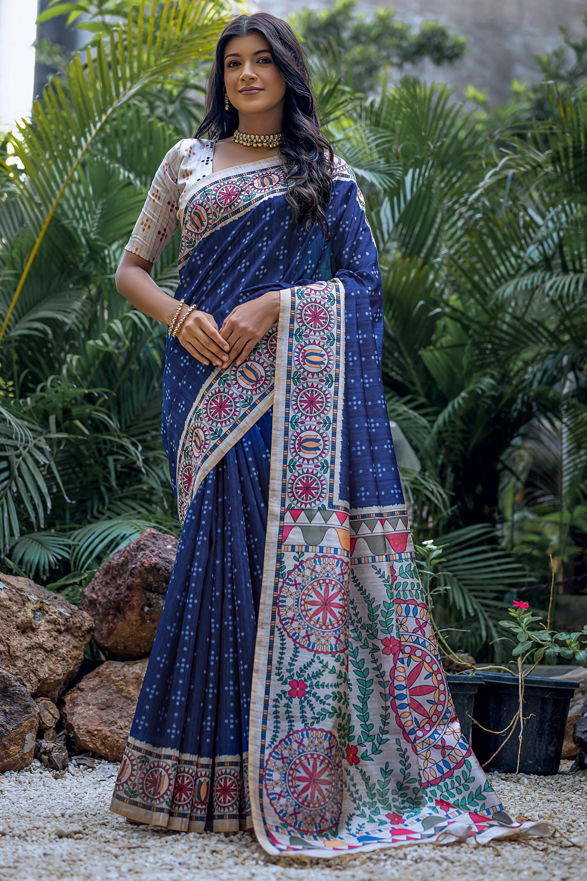 Blue Color Printed Daily Wear Soft Tussar Silk Saree