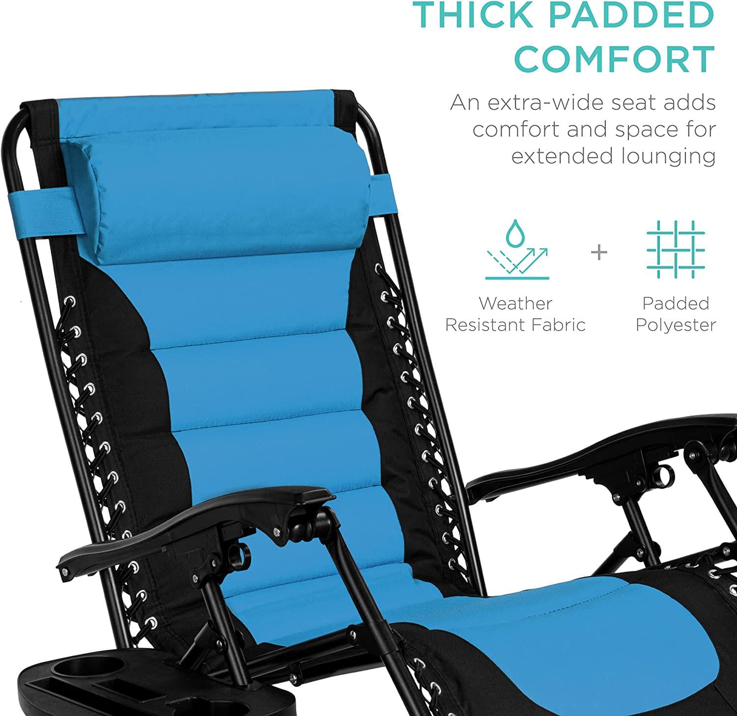 Oversized Padded Zero Gravity Chair, Folding Outdoor Patio Recliner, XL Anti Gravity Lounger for Backyard w/Headrest, Cup Holder, Side Tray, Outdoor Polyester Mesh