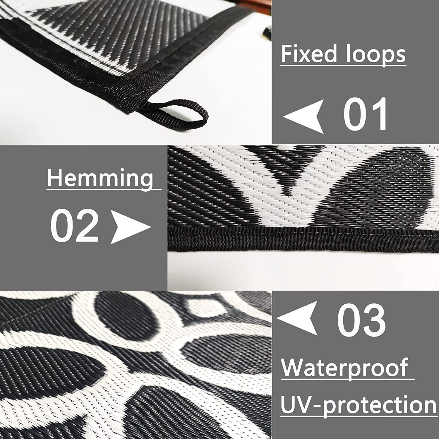 Outdoor Rug 5x8 Waterproof for Patios,Backyard,Balcony,Plastic Straw Mats,Black and White