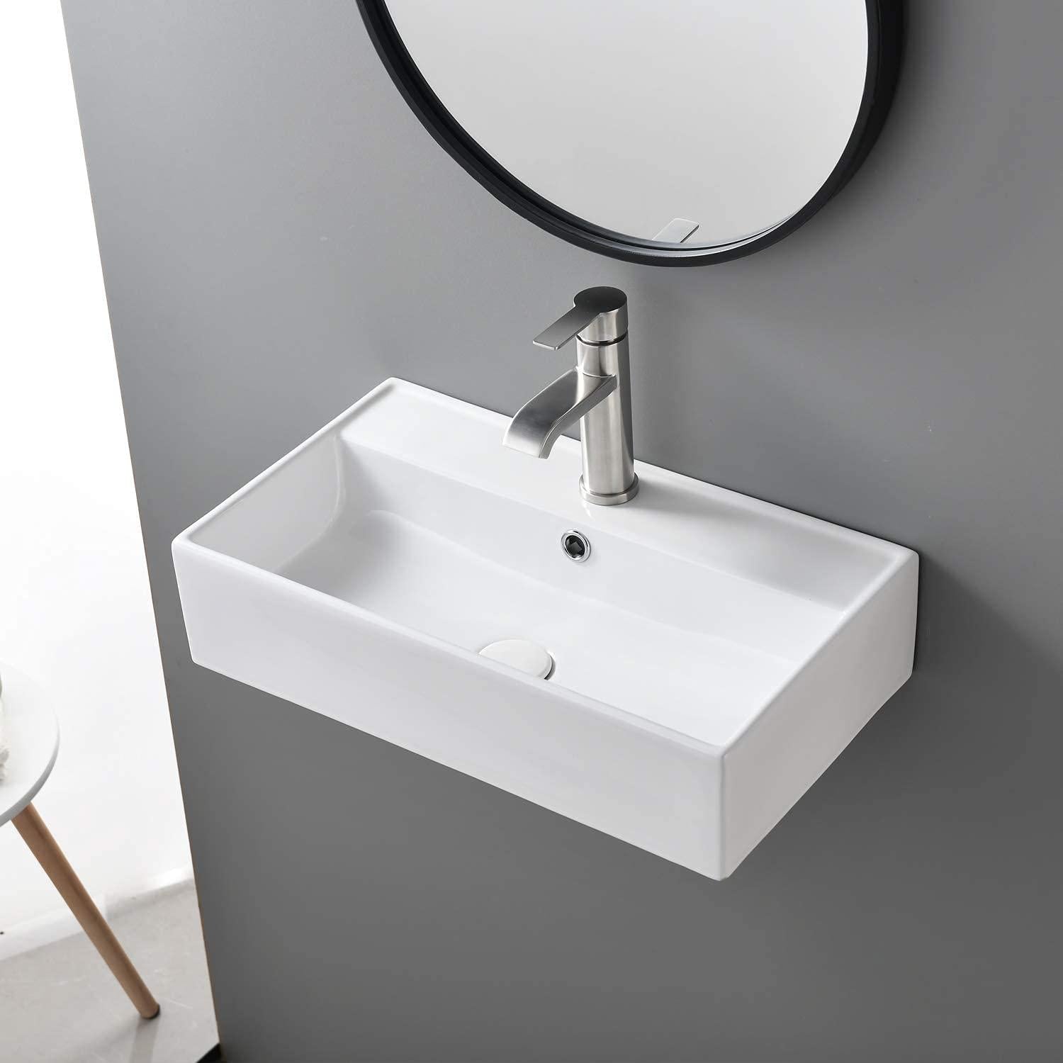 SHACO Contemporary 21 X 12 Porcelain Ceramic Wall Mounted Bathroom Vessel Sink, Rectangular One Hole Bowl Lavatory Vanity Small Bathroom Sink