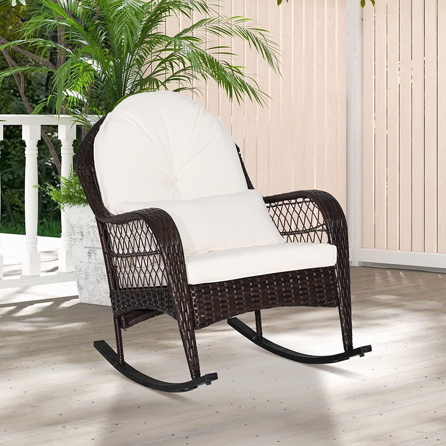 Tangkula Outdoor Wicker Rocking Chair, Patio Rattan Rocker with Seat Back Cushions and Waist Pillow, Sturdy Metal Frame, Mix Brown Outdoor Rocker for Balcony