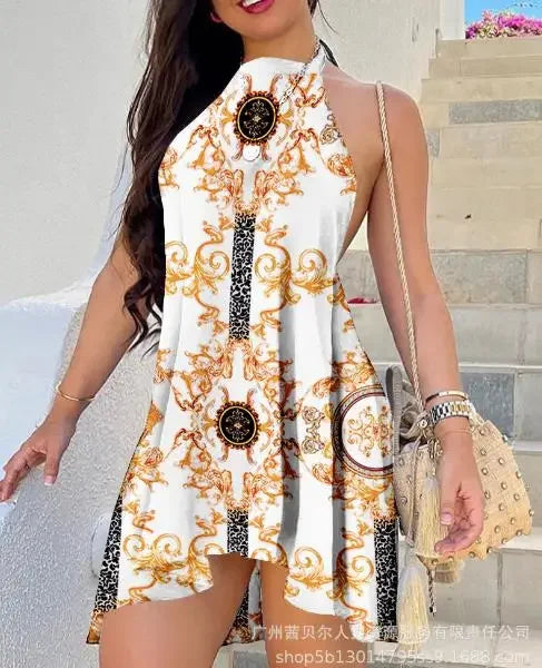 Abstract Print Backless Swing Dress Women Sleeveless Sexy Mini Dress Spring