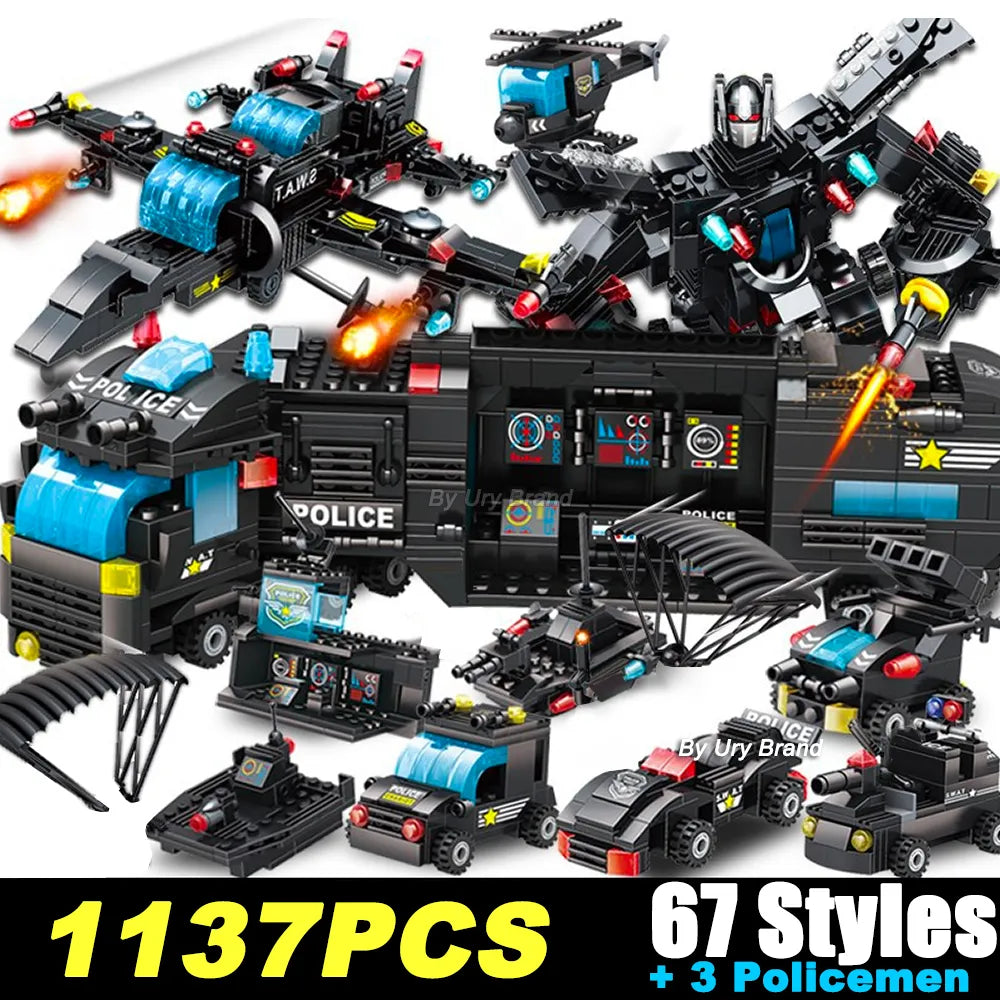 City Police Station SWAT Team Building Blocks Set with Military Car