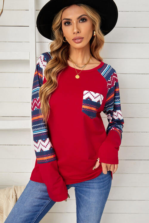 Geometric Long Sleeve Blouse With Pocket