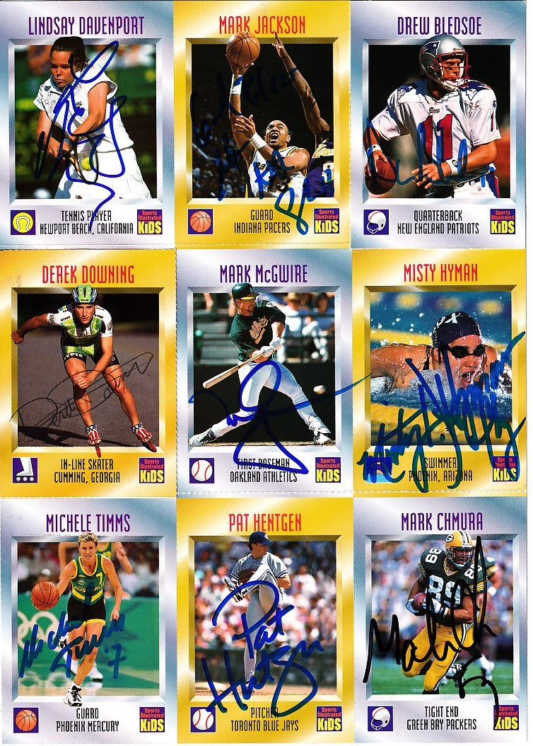 Autographed 1997 Sports Illustrated for Kids card sheet Drew Bledsoe Mark McGwire Michele Timms JSA