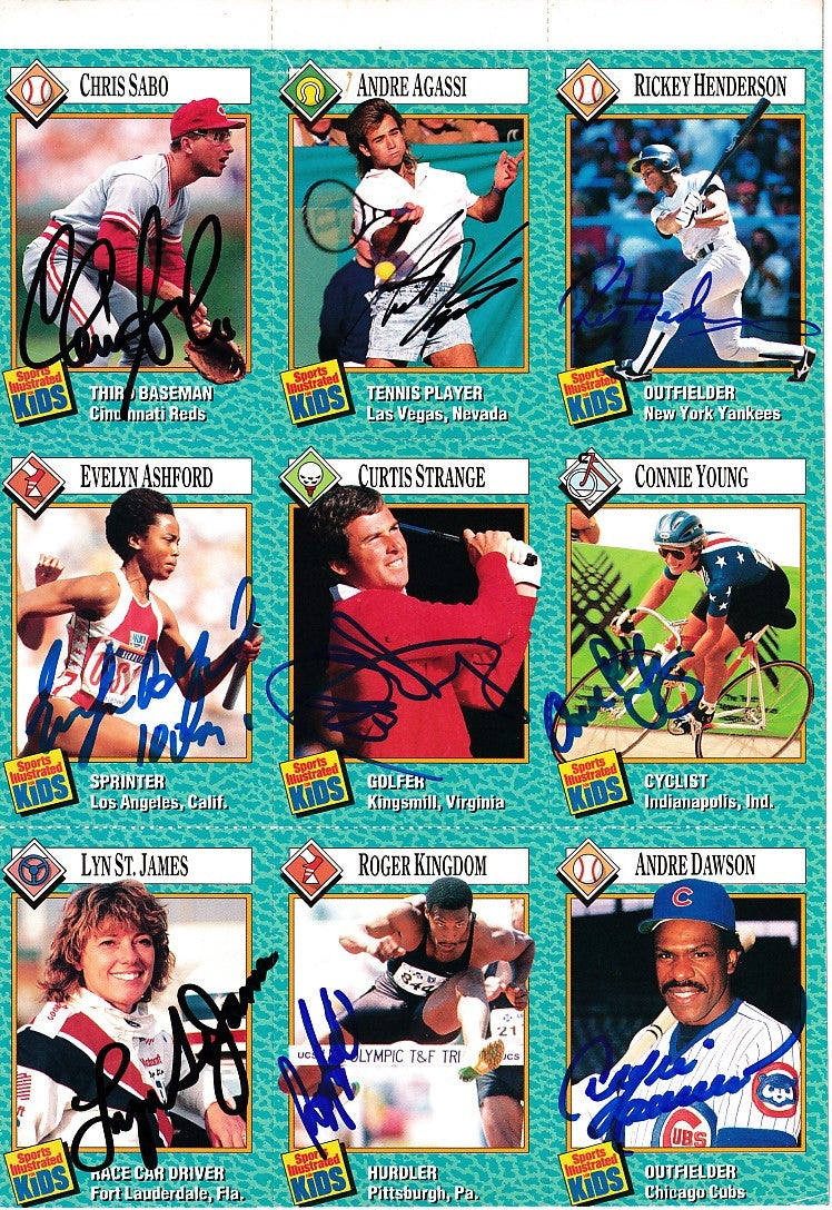 Autographed 1989 Sports Illustrated for Kids card sheet Andre Agassi RC Rickey Henderson Andre Dawson JSA
