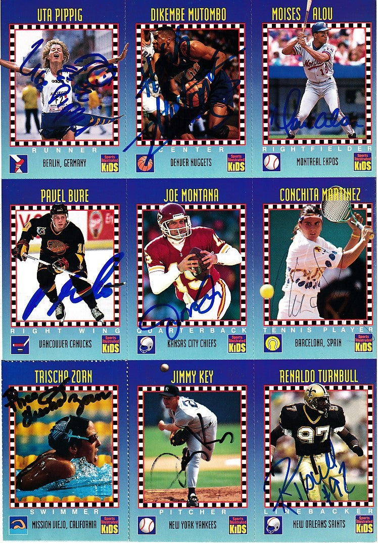 Autographed 1994 Sports Illustrated for Kids card sheet Joe Montana Pavel Bure Dikembe Mutombo JSA