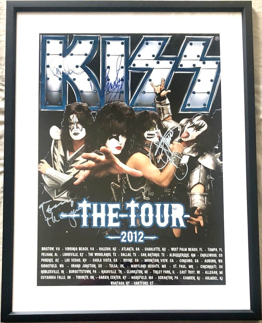 KISS complete group autographed 2012 tour poster custom framed Gene Simmons Paul Stanley JSA