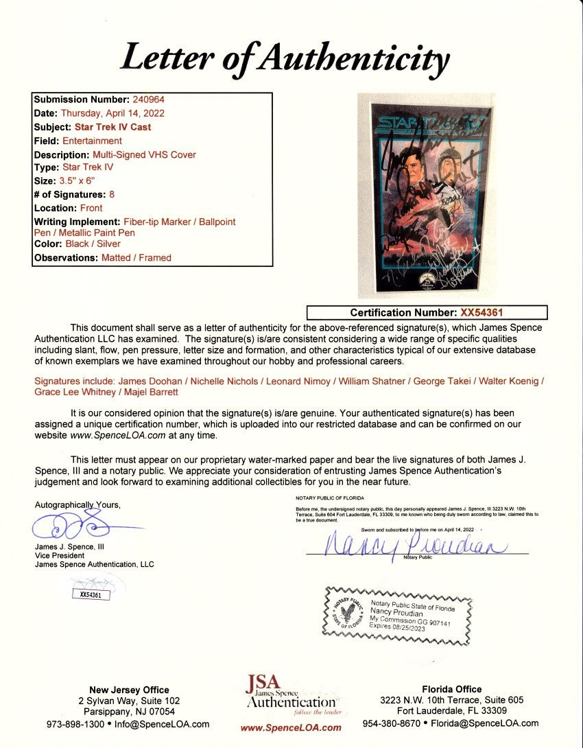 Star Trek 4 The Voyage Home cast autographed movie cover framed James Doohan Leonard Nimoy William Shatner JSA