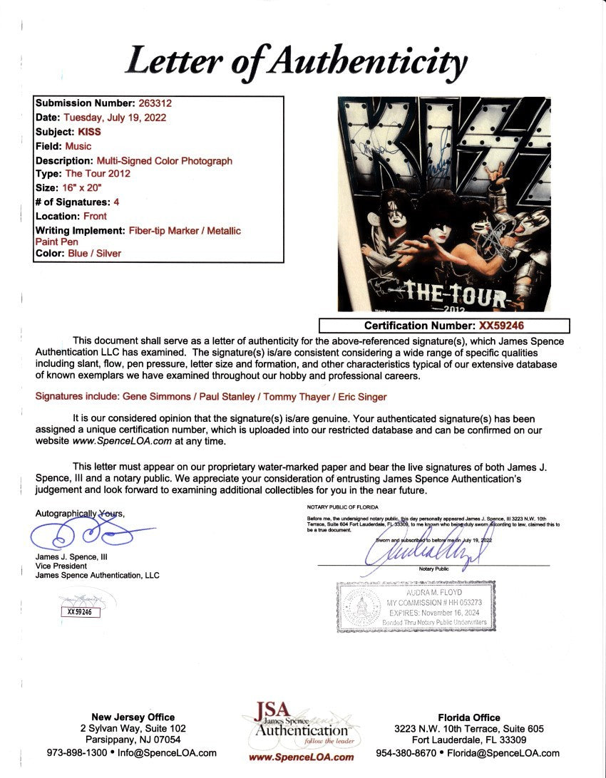 KISS complete group autographed 2012 tour poster custom framed Gene Simmons Paul Stanley JSA