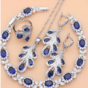 925 Sterling Silver Blue Sapphire White Crystal Jewelry Set Ring Size 6