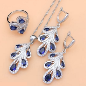 925 Sterling Silver Blue Sapphire White Crystal Jewelry Set Ring Size 6