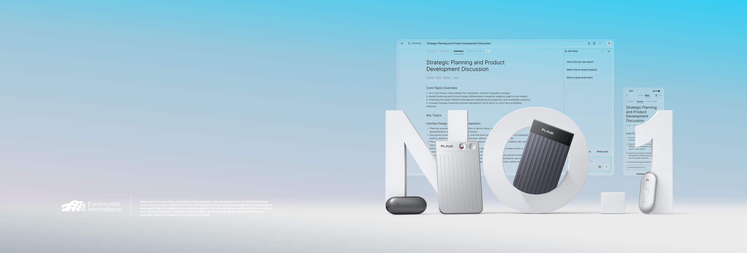 Silver and black Plaud Note Pro and Plaud NotePin devices with text ranking Plaud as the No. 1 AI voice recorder brand.