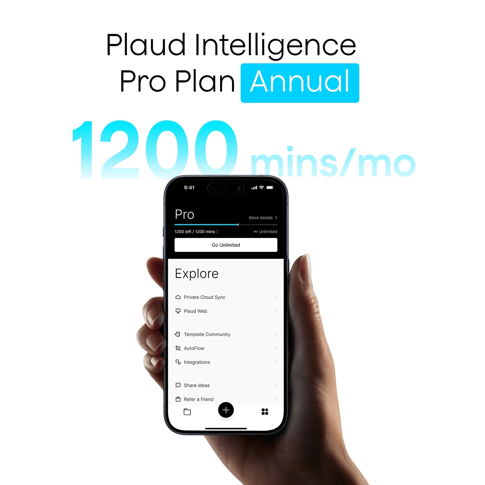 Plaud Intelligence Pro Plan Annual with 1200 mins/mo displayed on the Plaud App interface.