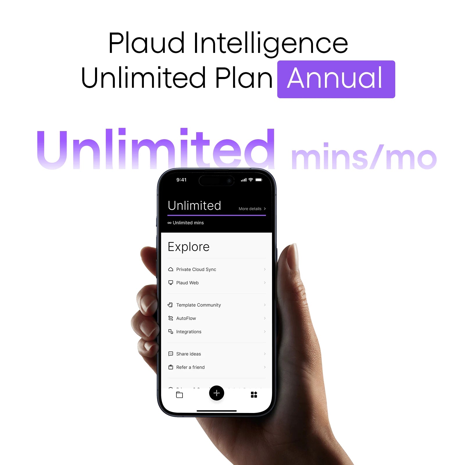 Plaud Intelligence Unlimited Plan Annual with unlimited minutes per month shown on the Plaud App.