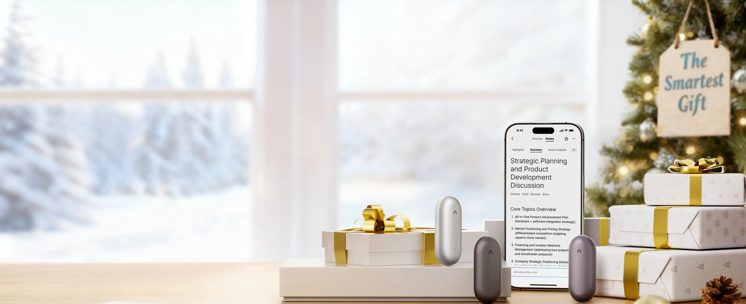 Silver and gray Plaud NotePin devices with holiday gifts and the Plaud App showing a meeting summary.