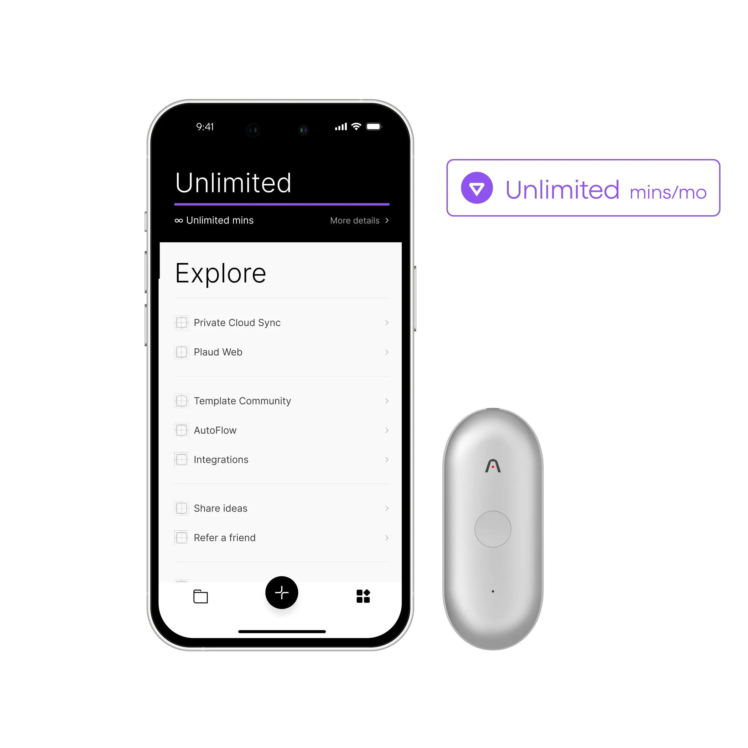 Silver Plaud NotePin S next to a smartphone showing the Plaud App and Plaud Unlimited Plan features.