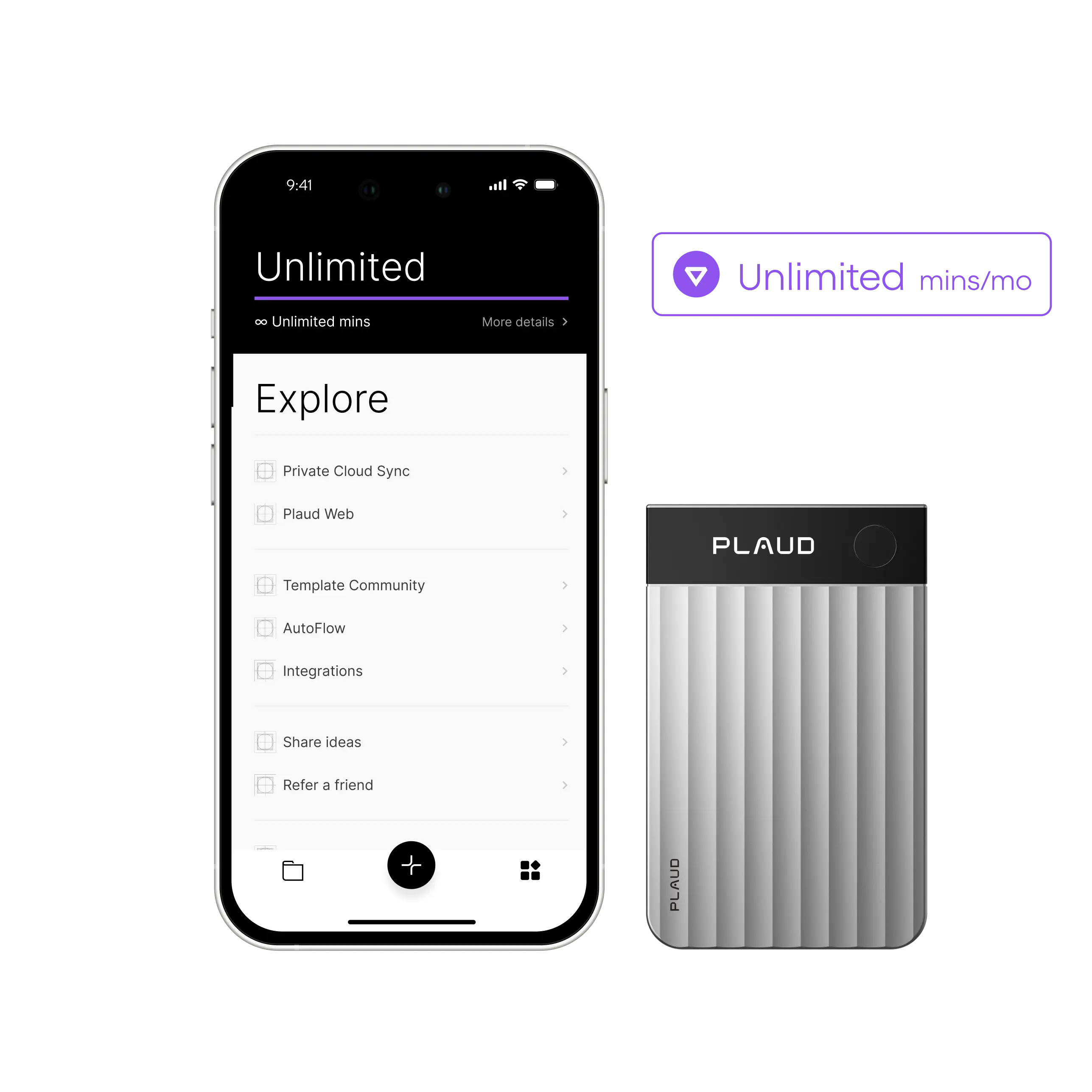 Silver Plaud Note Pro and Plaud App displaying the Plaud Unlimited Plan for unlimited monthly recording minutes.
