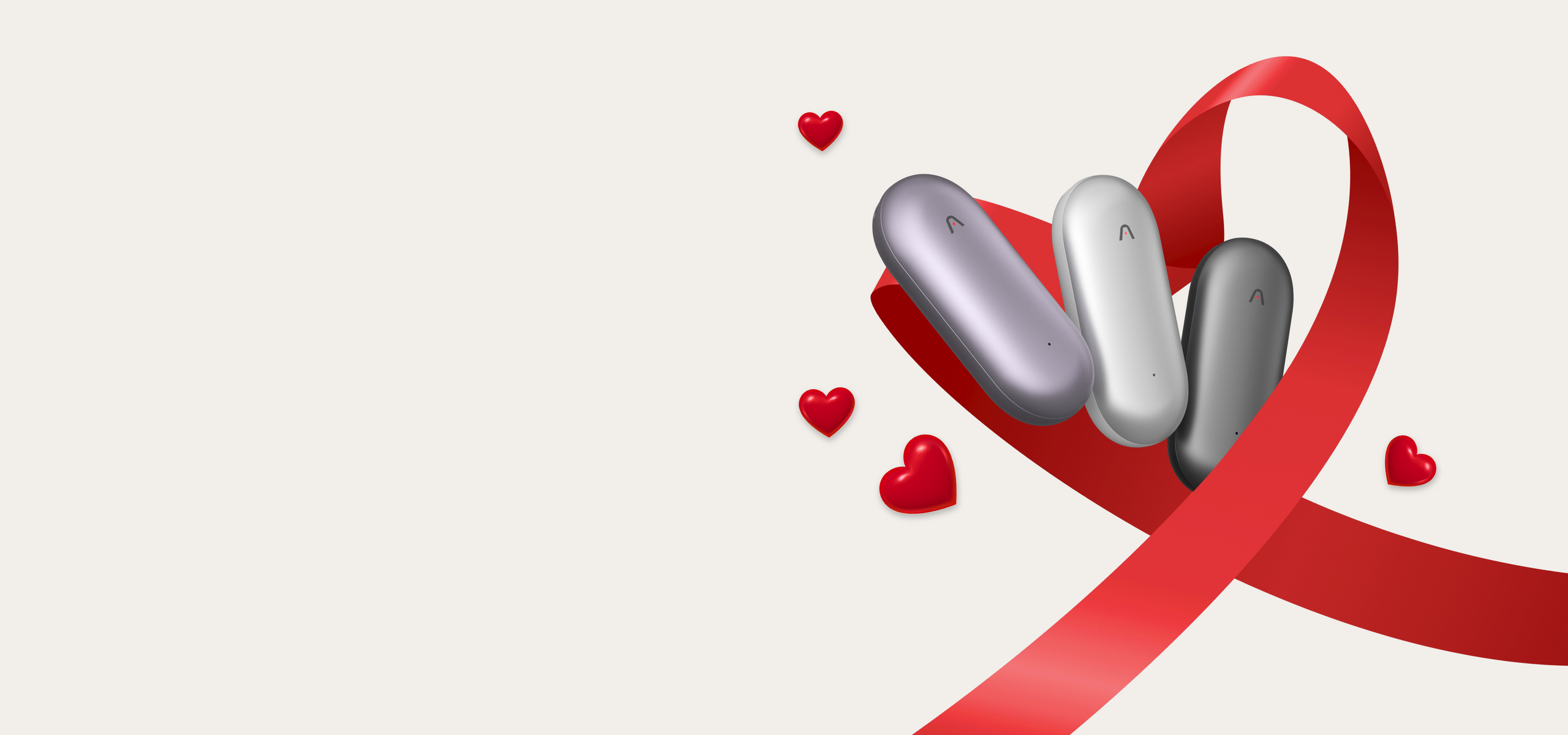 Three Plaud NotePin devices in purple, silver, and gray inside a red ribbon heart with small hearts.